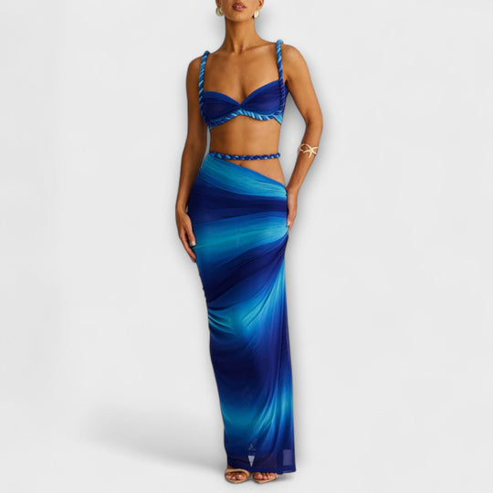 Jane - Stylový gradientový pletený crop top a overskirt duo