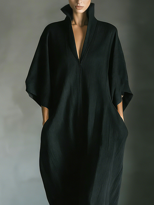 SABINE - Black Cotton Oversized Sleeve Maxi Dress