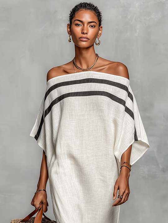 CECILIA - Linen Blend Batwing Sleeve Straight-cut Maxi Dress