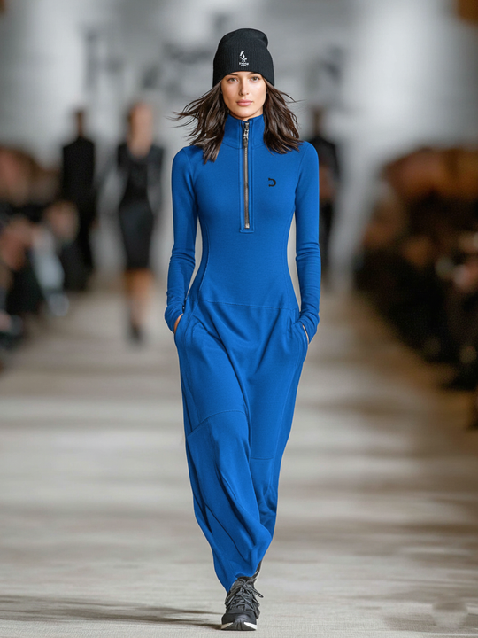 LORENZA - Half-high Collar Zipper Loose Maxi Dress
