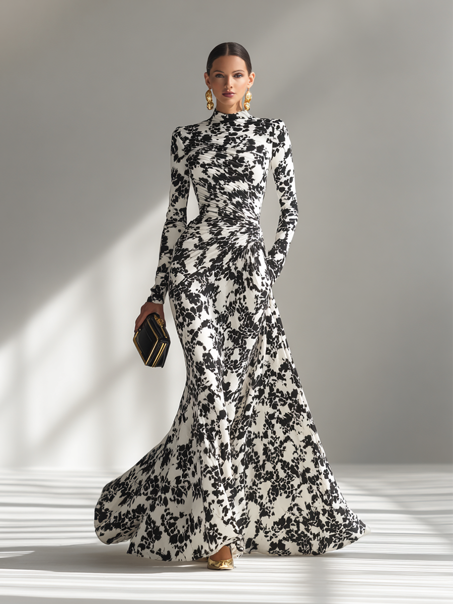 EMMA - Black And White Patterned Stretch Dress