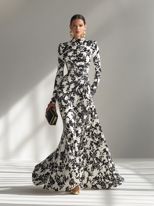 EMMA - Black And White Patterned Stretch Dress