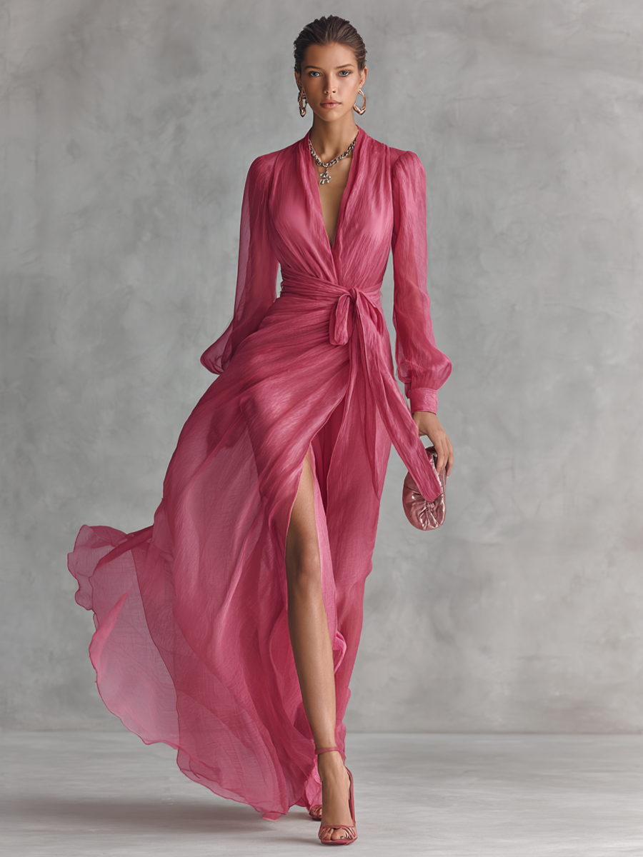 NEYLA - Elegant Rose Pink Pearl Long Dress