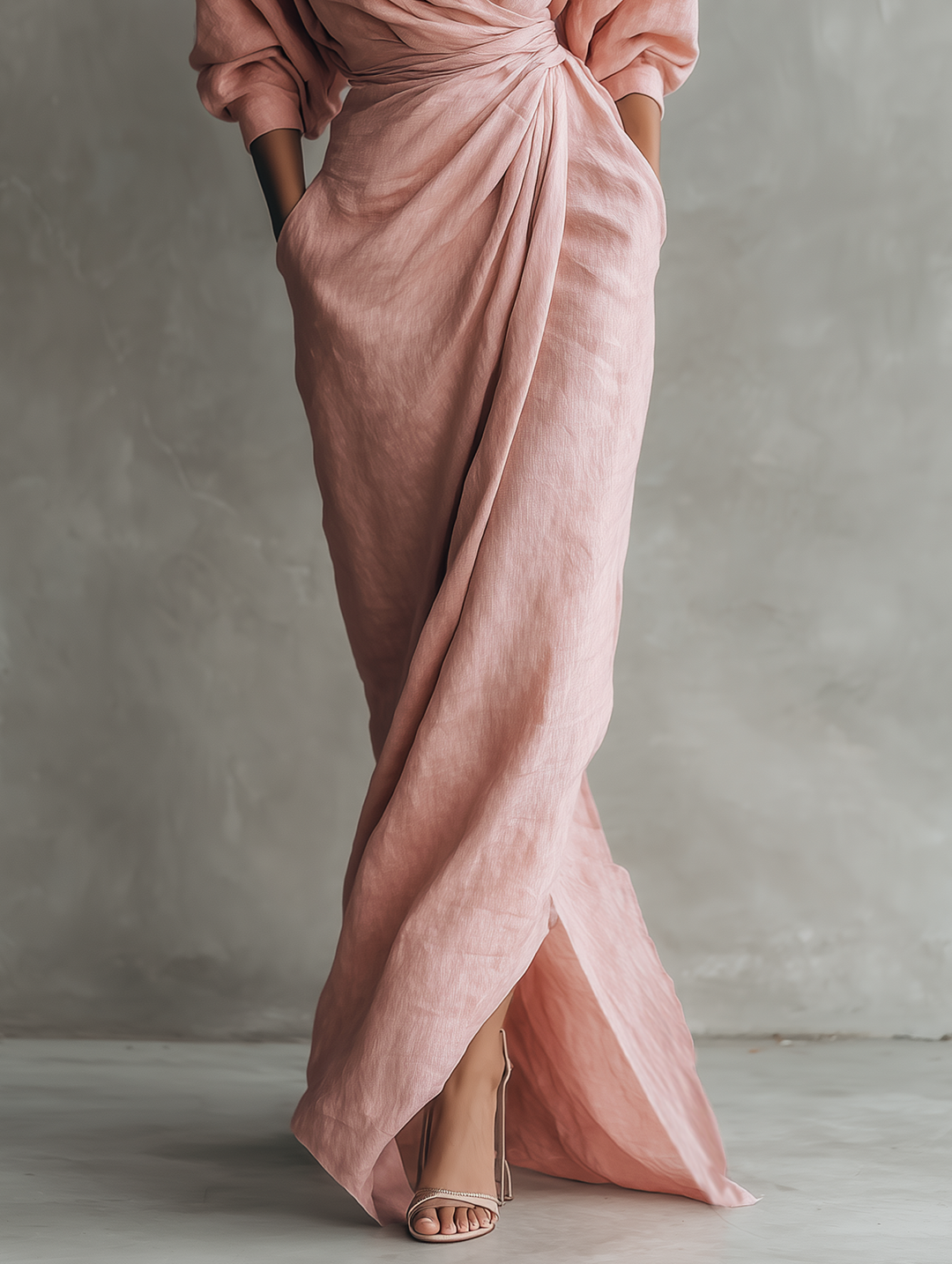 MELISA -  Pink Minimalist V-neck Linen Blend Maxi Dress
