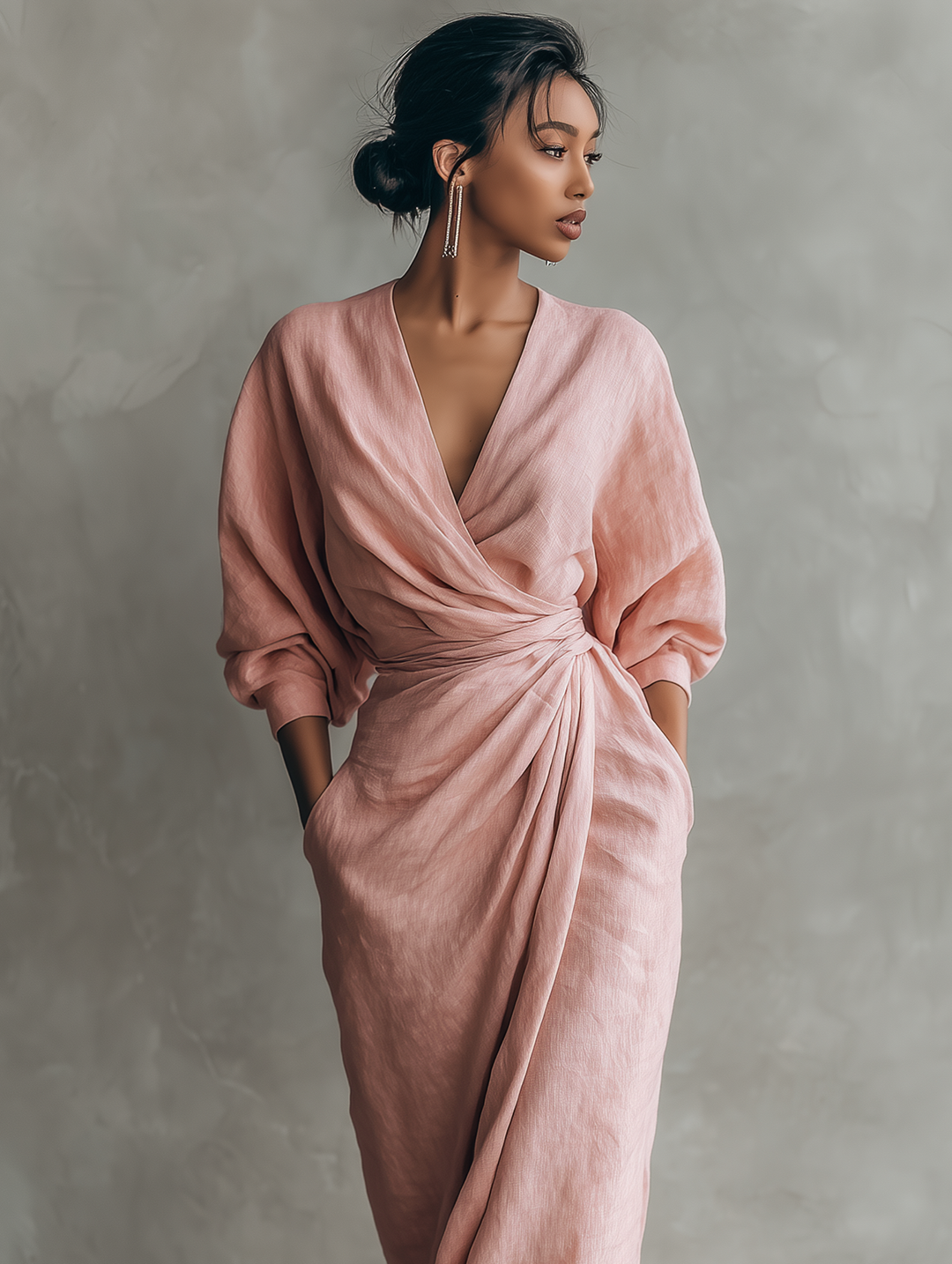 MELISA -  Pink Minimalist V-neck Linen Blend Maxi Dress
