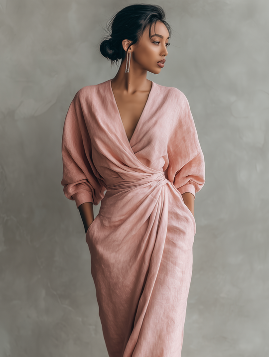 MELISA -  Pink Minimalist V-neck Linen Blend Maxi Dress