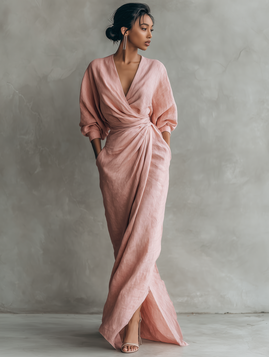 MELISA -  Pink Minimalist V-neck Linen Blend Maxi Dress