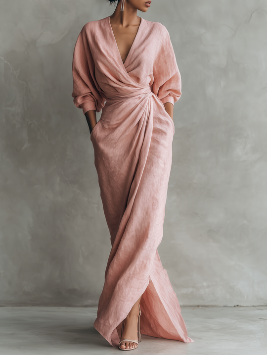 MELISA -  Pink Minimalist V-neck Linen Blend Maxi Dress