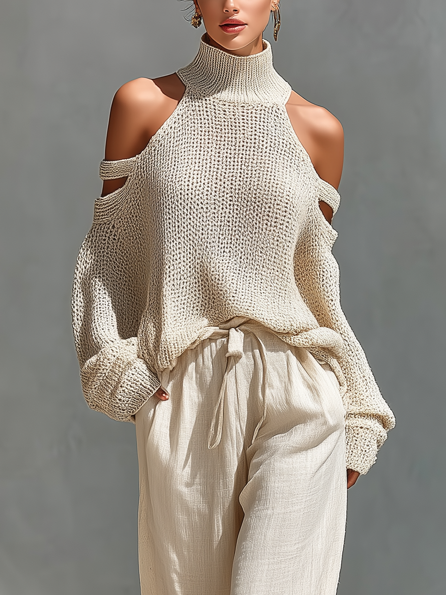SHAYNA - Beige Turtleneck Top & Wide-Leg Pants Set