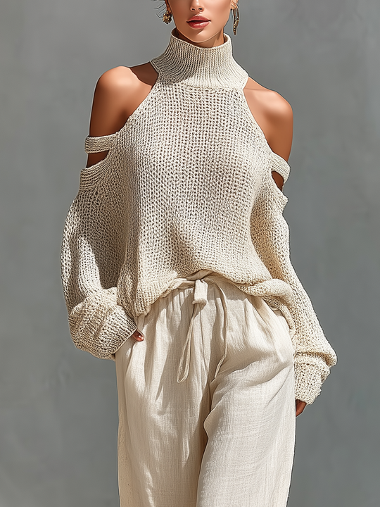 SHAYNA - Beige Turtleneck Top & Wide-Leg Pants Set
