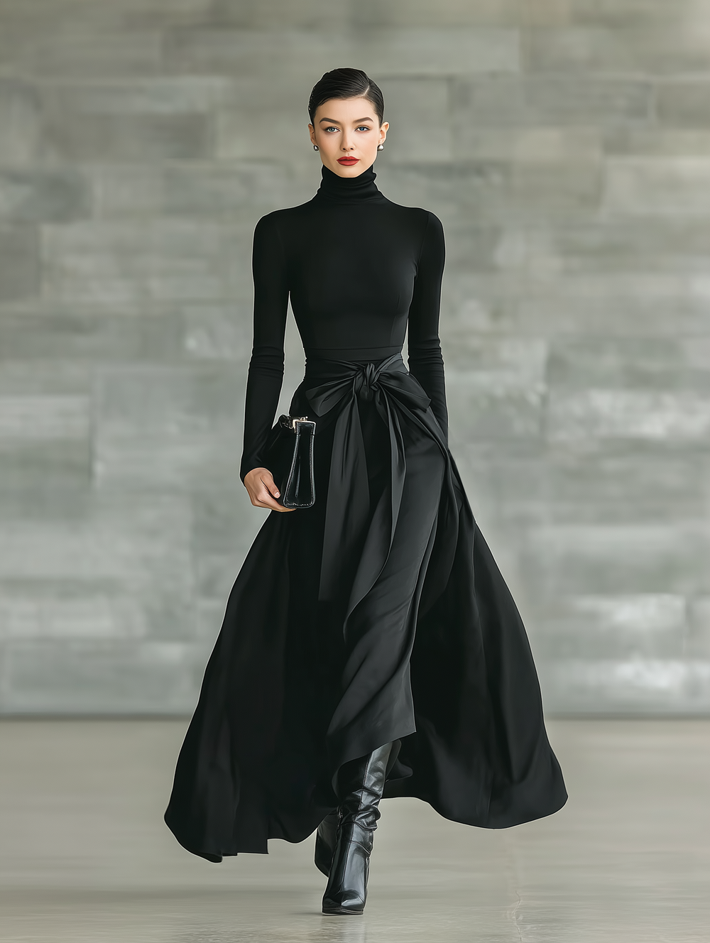 HANNAH - Black High-Neck High-Stretch Knitted  Maxi Dress