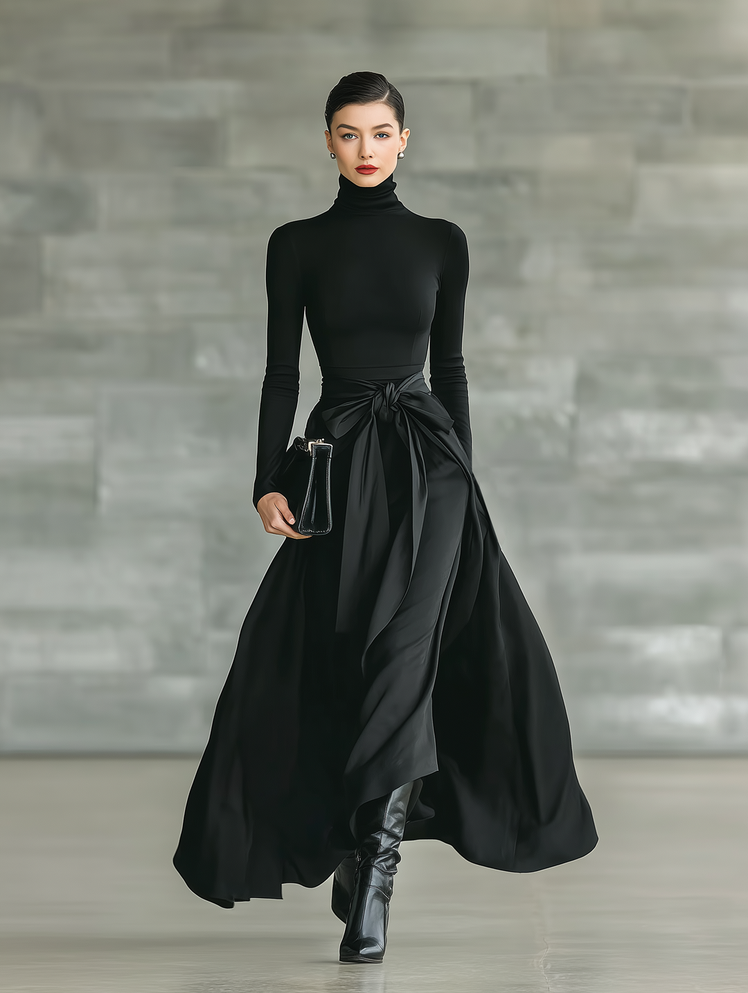 HANNAH - Black High-Neck High-Stretch Knitted  Maxi Dress