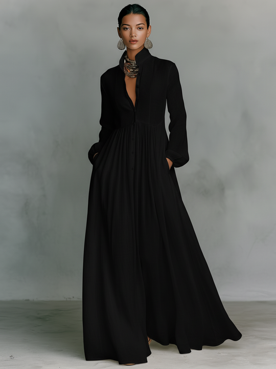 LORENA - Cotton And Linen Patchwork Long-sleeved Maxi Dress