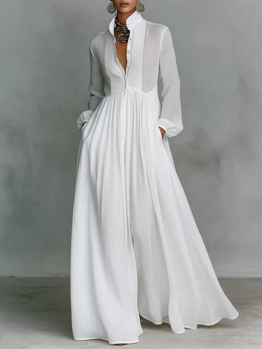 LORENA - Cotton And Linen Patchwork Long-sleeved Maxi Dress