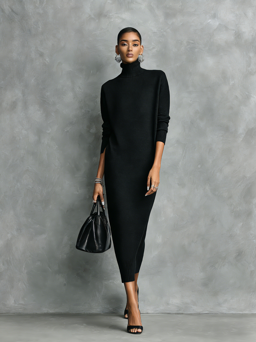 KAYLA - Elegant Black Knitted Long-sleeved Midi Dress