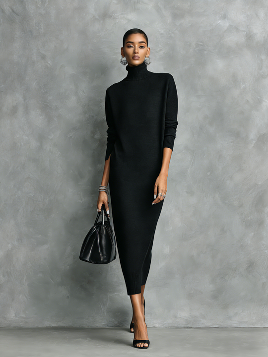 KAYLA - Elegant Black Knitted Long-sleeved Midi Dress