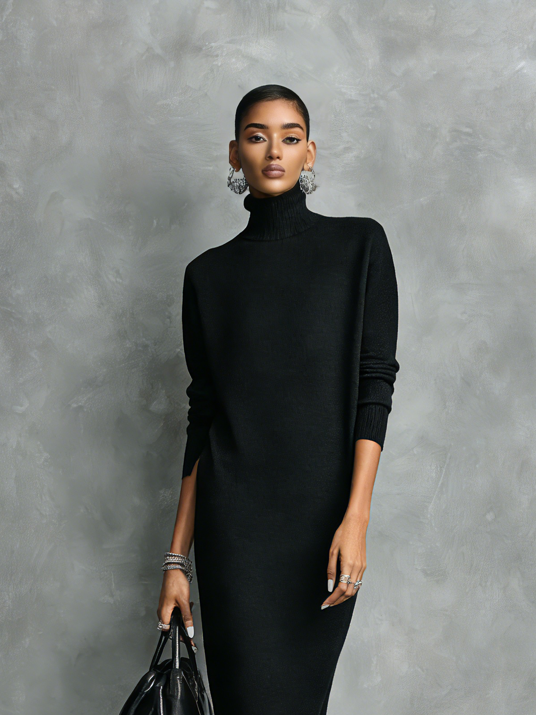 KAYLA - Elegant Black Knitted Long-sleeved Midi Dress
