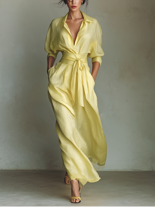 ROSALIE - Lemon Yellow Cotton And Linen Blend Maxi Shirt Dress