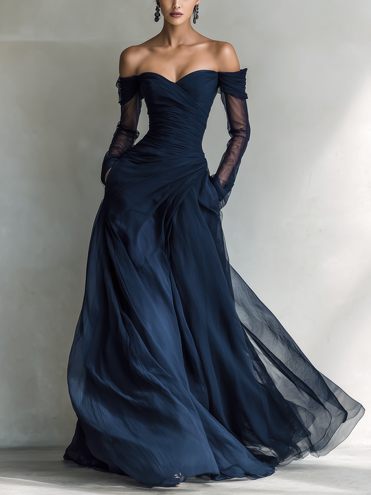 LYSSA - Elegant Dark Blue Chiffon Organza  Maxi Dress