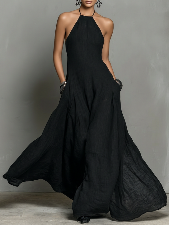 JESSY - Linen Blend Halter Neck Sleeveless Maxi Dress