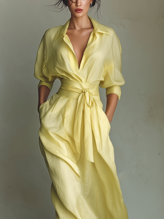 ROSALIE - Lemon Yellow Cotton And Linen Blend Maxi Shirt Dress