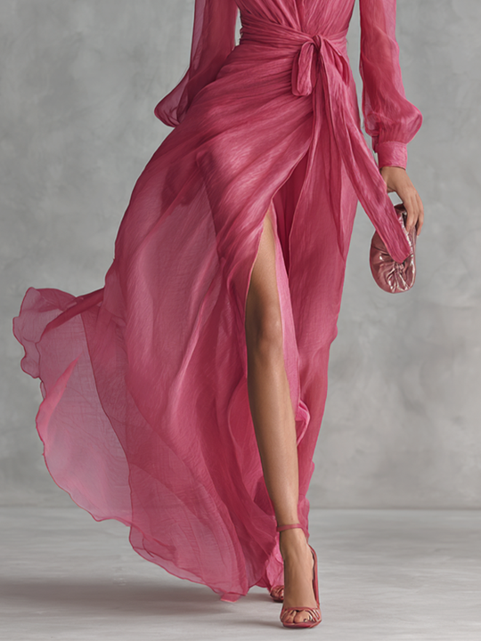 NEYLA - Elegant Rose Pink Pearl Long Dress