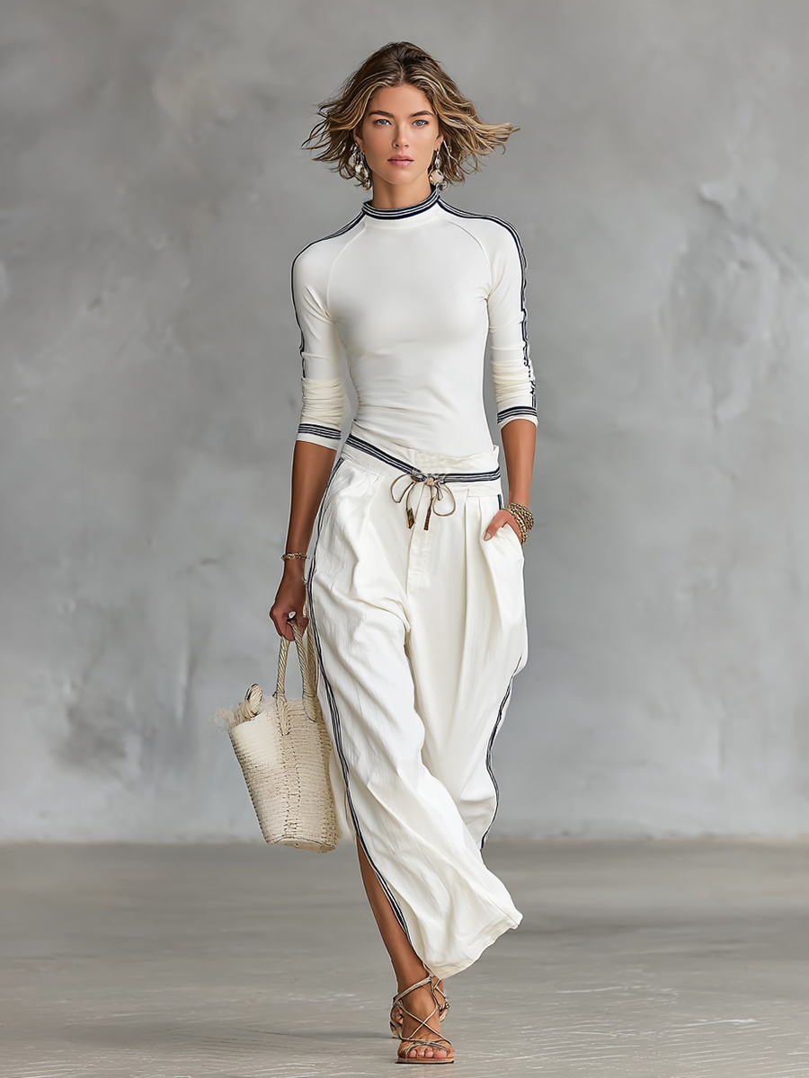 ISA - Long-sleeved T-shirt Drawstring Wide-leg Pants Two-piece Set