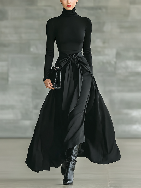 HANNAH - Black High-Neck High-Stretch Knitted  Maxi Dress