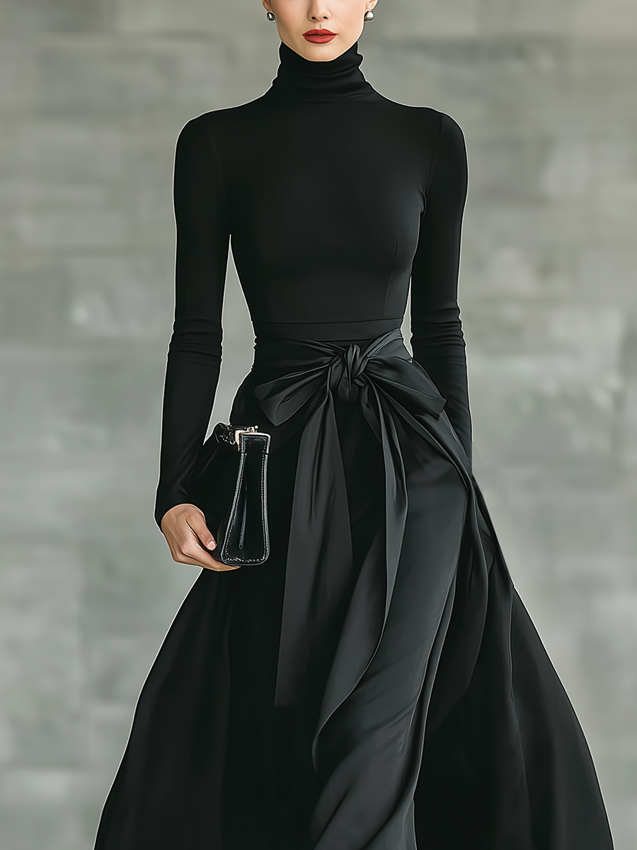 HANNAH - Black High-Neck High-Stretch Knitted  Maxi Dress