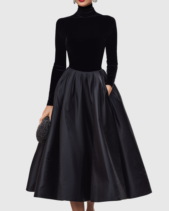 Aradia - Elegant Black Velvet and Satin Midi Dress