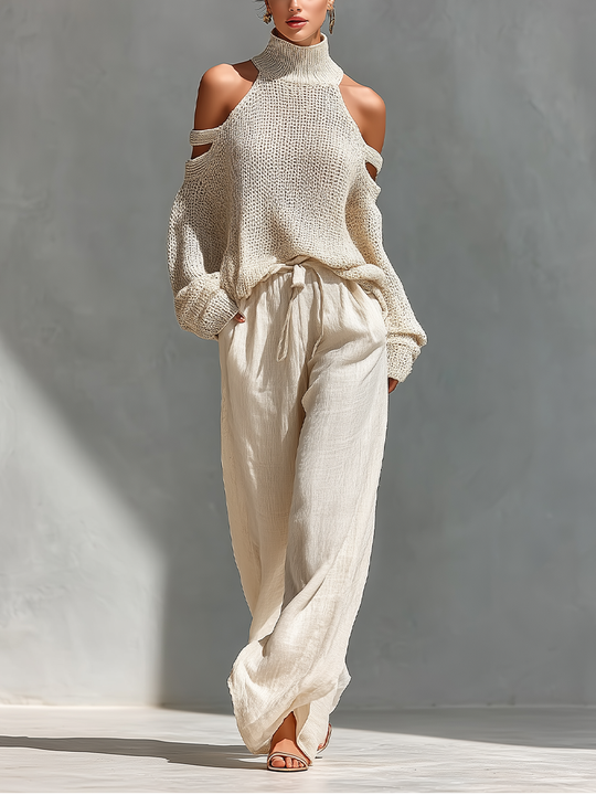 SHAYNA - Beige Turtleneck Top & Wide-Leg Pants Set