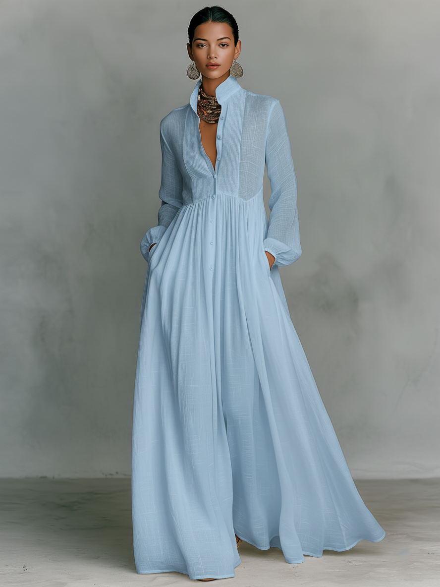 LORENA - Cotton And Linen Patchwork Long-sleeved Maxi Dress