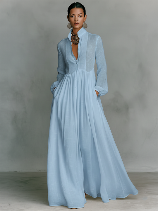 LORENA - Cotton And Linen Patchwork Long-sleeved Maxi Dress