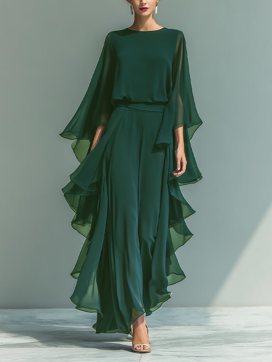 MARIA - Navy Blue Chiffon Top With Flared Sleeves And Straight-leg Trousers Set