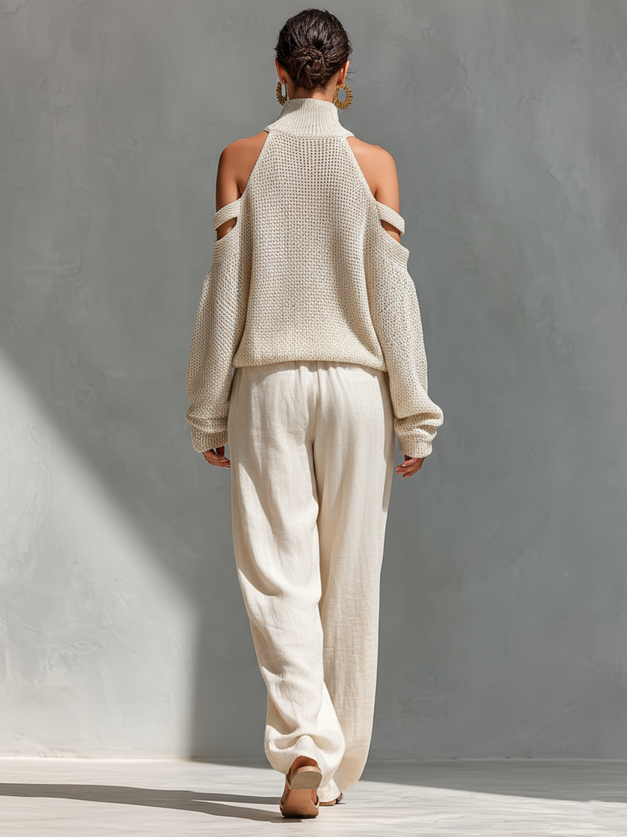 SHAYNA - Beige Turtleneck Top & Wide-Leg Pants Set