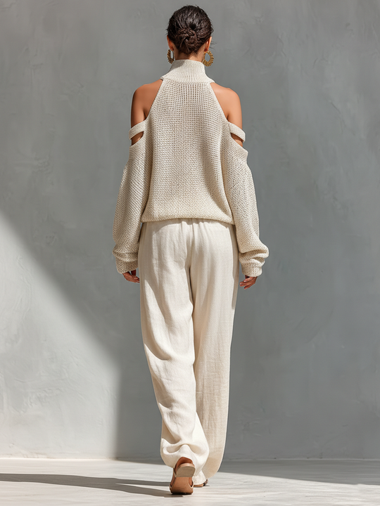 SHAYNA - Beige Turtleneck Top & Wide-Leg Pants Set