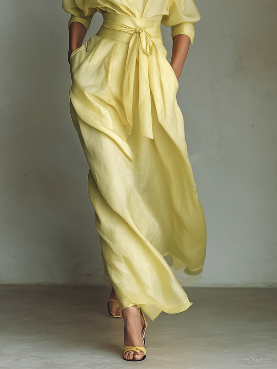 ROSALIE - Lemon Yellow Cotton And Linen Blend Maxi Shirt Dress