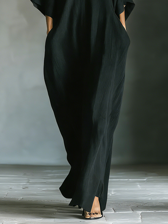 SABINE - Black Cotton Oversized Sleeve Maxi Dress