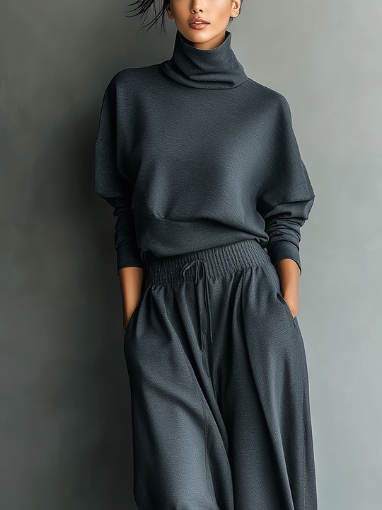 NORA - Charcoal Knit Oversized Top & Wide-Leg Pants Set