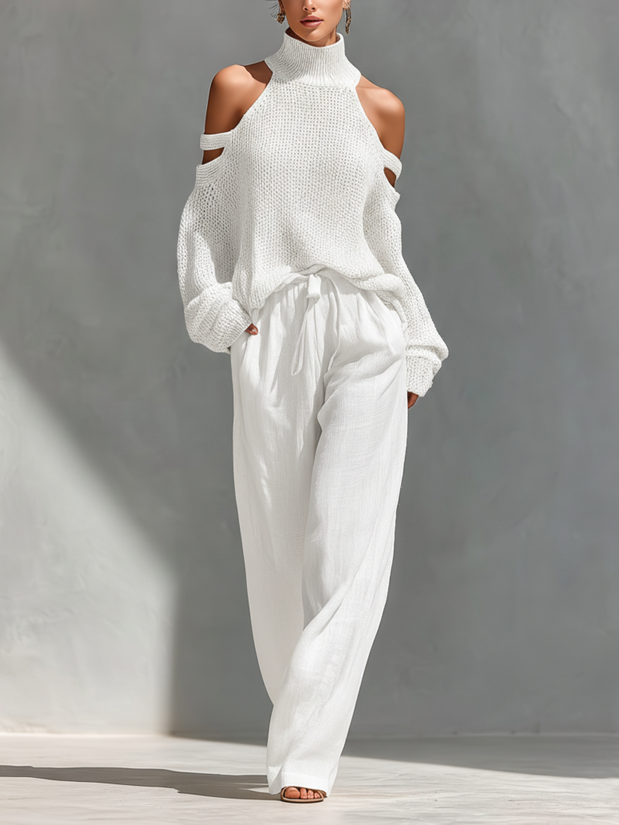SHAYNA - Beige Turtleneck Top & Wide-Leg Pants Set