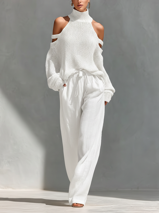 SHAYNA - Beige Turtleneck Top & Wide-Leg Pants Set
