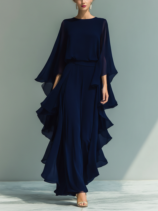 MARIA - Navy Blue Chiffon Top With Flared Sleeves And Straight-leg Trousers Set