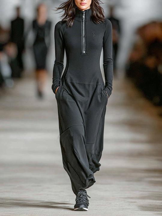 LORENZA - Half-high Collar Zipper Loose Maxi Dress