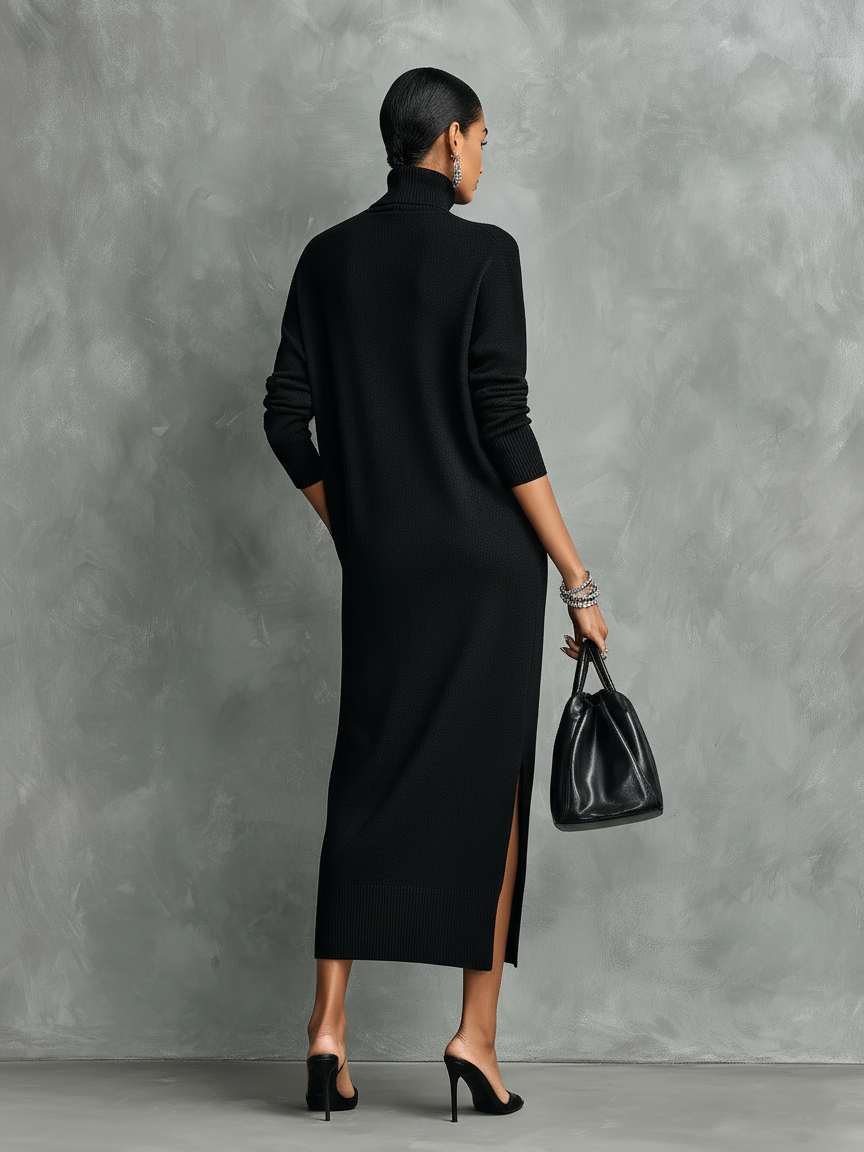 KAYLA - Elegant Black Knitted Long-sleeved Midi Dress