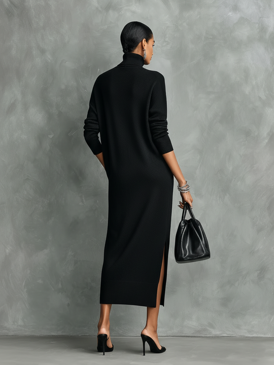 KAYLA - Elegant Black Knitted Long-sleeved Midi Dress