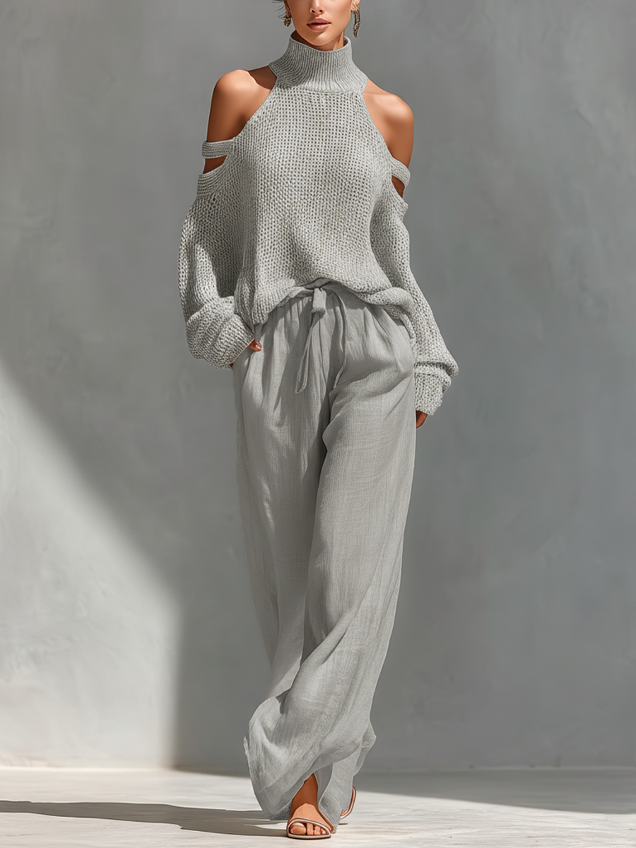 SHAYNA - Beige Turtleneck Top & Wide-Leg Pants Set
