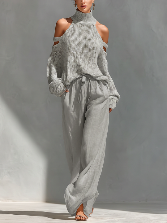 SHAYNA - Beige Turtleneck Top & Wide-Leg Pants Set