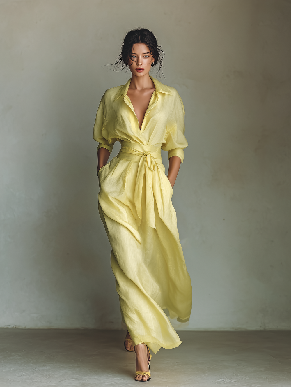 ROSALIE - Lemon Yellow Cotton And Linen Blend Maxi Shirt Dress