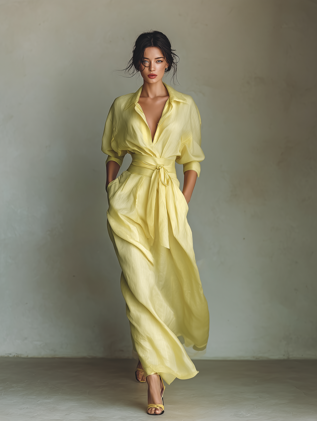ROSALIE - Lemon Yellow Cotton And Linen Blend Maxi Shirt Dress