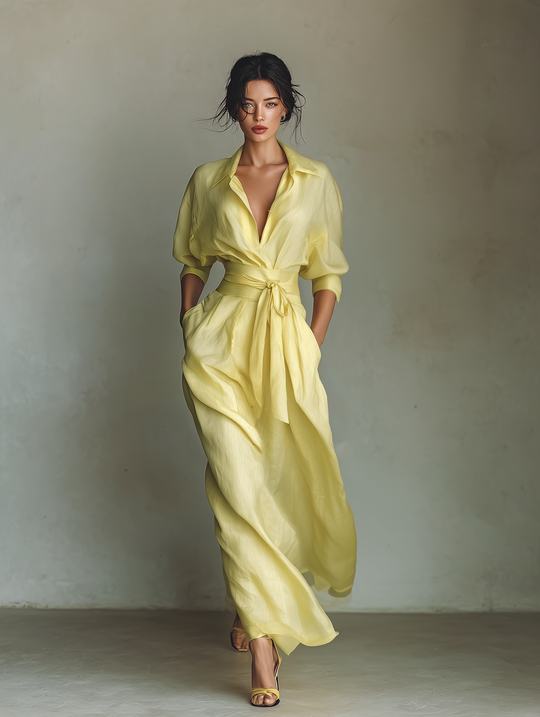 ROSALIE - Lemon Yellow Cotton And Linen Blend Maxi Shirt Dress
